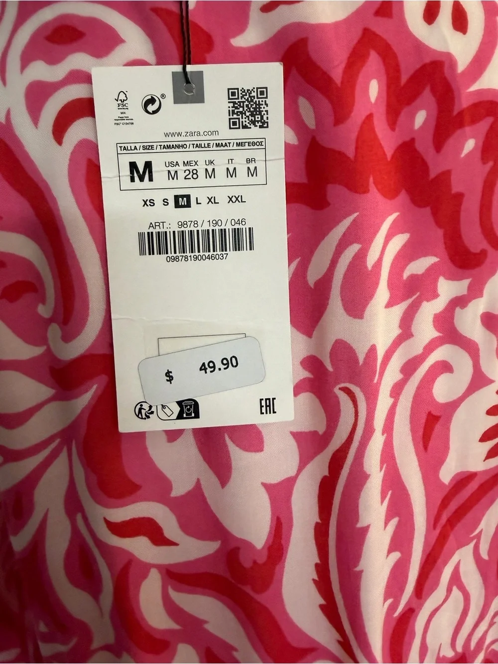 Zara Pink & White Printed Long-Sleeve Mini Dress Sz M NWT - Picture 4 of 5